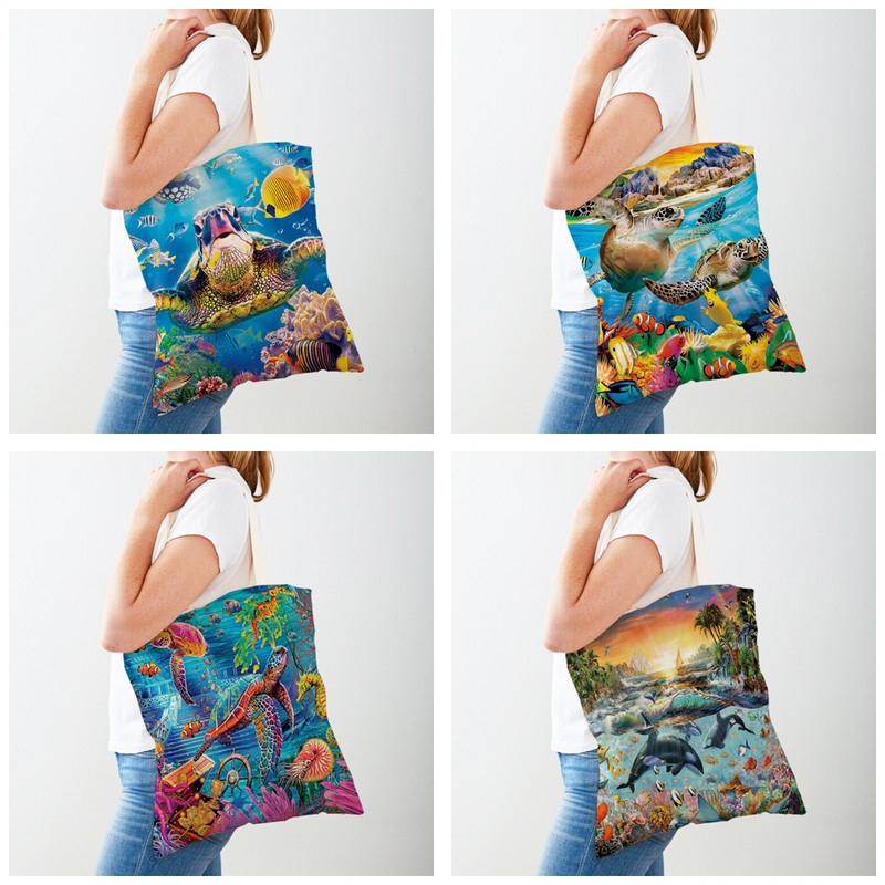 Океански пейзаж Морска костенурка Делфин Шар Дамски пазарски чанти Дамска платнена ръчна чанта Многократна употреба Карикатура Животински принт Ежедневни Shoppin