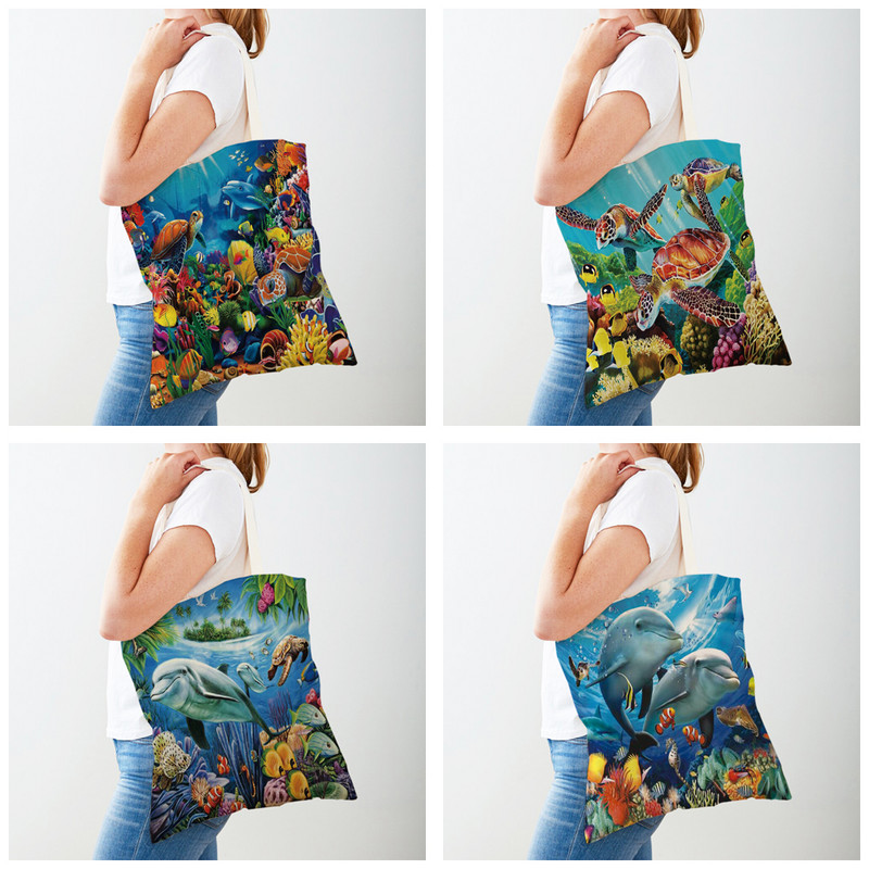 Океански пейзаж Морска костенурка Делфин Шар Дамски пазарски чанти Дамска платнена ръчна чанта Многократна употреба Карикатура Животински принт Ежедневни Shoppin