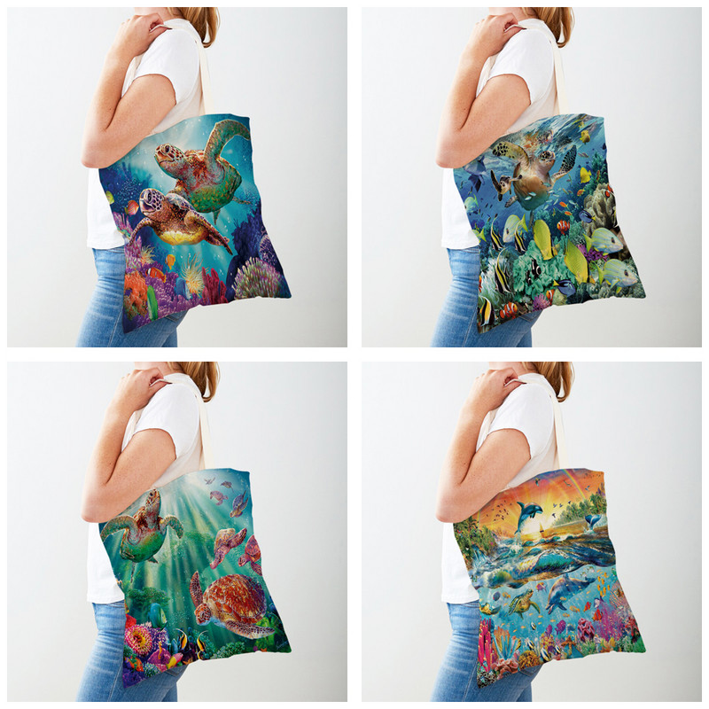 Океански пейзаж Морска костенурка Делфин Шар Дамски пазарски чанти Дамска платнена ръчна чанта Многократна употреба Карикатура Животински принт Ежедневни Shoppin