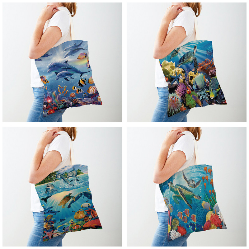 Океански пейзаж Морска костенурка Делфин Шар Дамски пазарски чанти Дамска платнена ръчна чанта Многократна употреба Карикатура Животински принт Ежедневни Shoppin