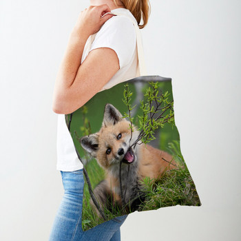 Τσάντα αγορών Casual Wild Animal Fox Lady Lady με εκτύπωση και στις δύο όψεις Επαναχρησιμοποιήσιμη τσάντα καμβά μόδας για γυναικείες τσάντες αγορών