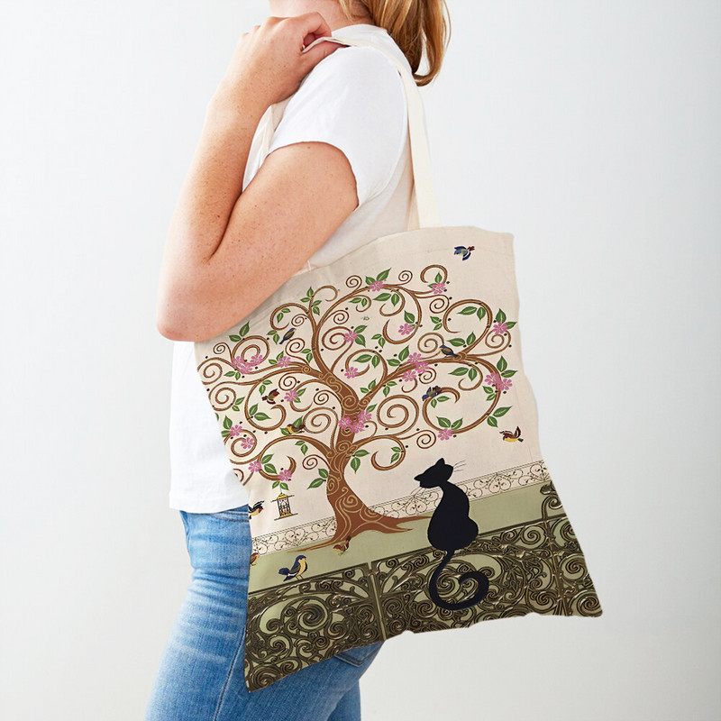 Двустранно сладка, елегантна черна котка, дамски чанти за пазаруване, ръчна чанта, щампа за домашни любимци, платнена платнена дамска чанта за пазаруване през рамо