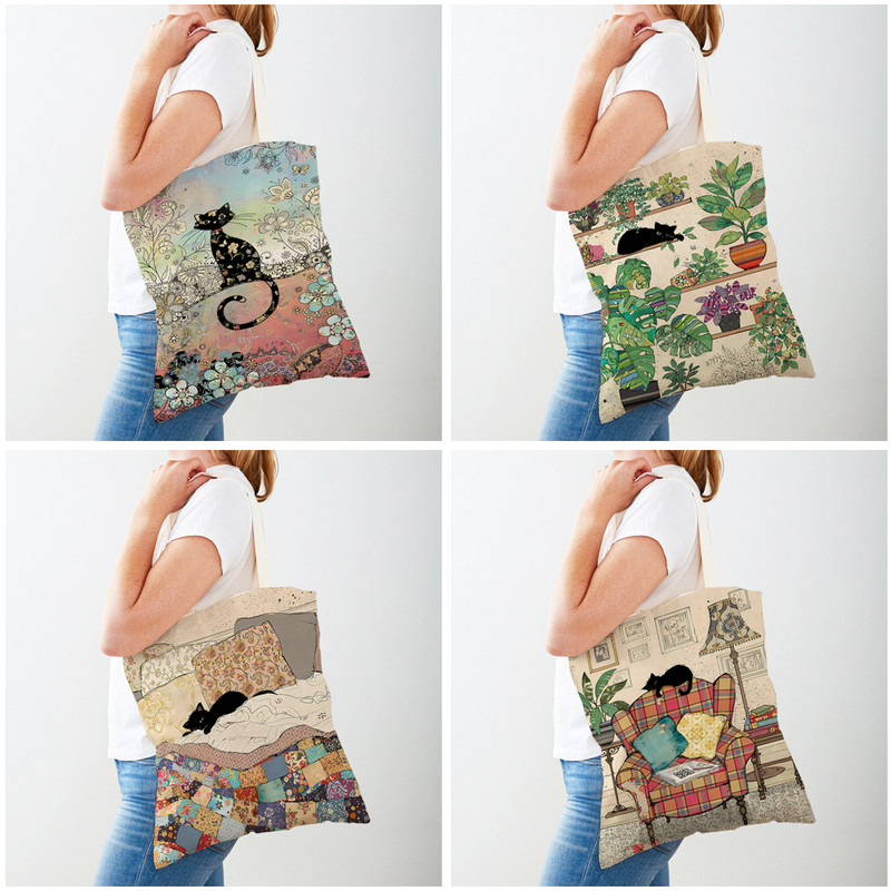 Двустранно сладка, елегантна черна котка, дамски чанти за пазаруване, ръчна чанта, щампа за домашни любимци, платнена платнена дамска чанта за пазаруване през рамо