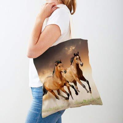 Τσάντα αγορών καμβά Horse Lady Τσάντα αγορών με εκτύπωση και στις δύο όψεις Επαναχρησιμοποιήσιμη μόδα για άγρια ζώα για γυναικείες τσάντες