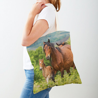 Τσάντα αγορών καμβά Horse Lady Τσάντα αγορών με εκτύπωση και στις δύο όψεις Επαναχρησιμοποιήσιμη μόδα για άγρια ζώα για γυναικείες τσάντες