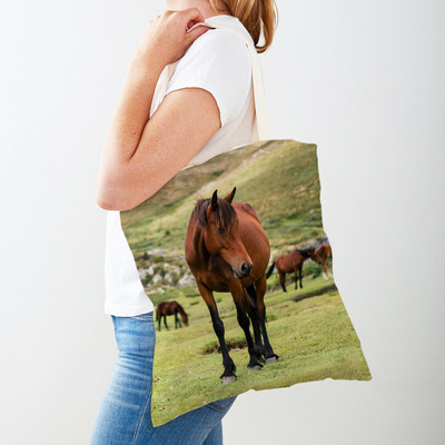 Τσάντα αγορών καμβά Horse Lady Τσάντα αγορών με εκτύπωση και στις δύο όψεις Επαναχρησιμοποιήσιμη μόδα για άγρια ζώα για γυναικείες τσάντες