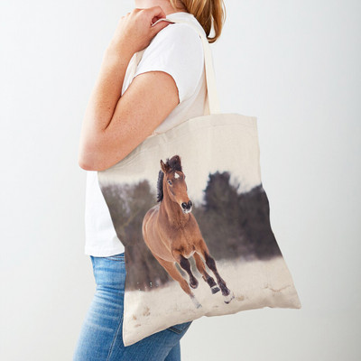 Τσάντα αγορών καμβά Horse Lady Τσάντα αγορών με εκτύπωση και στις δύο όψεις Επαναχρησιμοποιήσιμη μόδα για άγρια ζώα για γυναικείες τσάντες