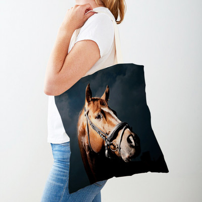 Τσάντα αγορών καμβά Horse Lady Τσάντα αγορών με εκτύπωση και στις δύο όψεις Επαναχρησιμοποιήσιμη μόδα για άγρια ζώα για γυναικείες τσάντες