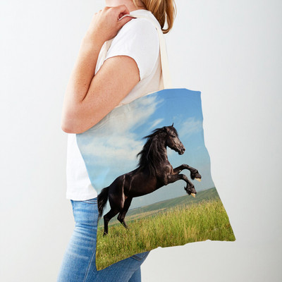 Τσάντα αγορών καμβά Horse Lady Τσάντα αγορών με εκτύπωση και στις δύο όψεις Επαναχρησιμοποιήσιμη μόδα για άγρια ζώα για γυναικείες τσάντες