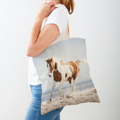 Τσάντα αγορών καμβά Horse Lady Τσάντα αγορών με εκτύπωση και στις δύο όψεις Επαναχρησιμοποιήσιμη μόδα για άγρια ζώα για γυναικείες τσάντες