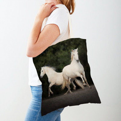 Τσάντα αγορών καμβά Horse Lady Τσάντα αγορών με εκτύπωση και στις δύο όψεις Επαναχρησιμοποιήσιμη μόδα για άγρια ζώα για γυναικείες τσάντες