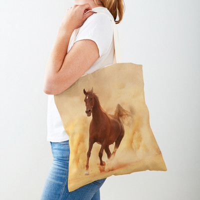 Τσάντα αγορών καμβά Horse Lady Τσάντα αγορών με εκτύπωση και στις δύο όψεις Επαναχρησιμοποιήσιμη μόδα για άγρια ζώα για γυναικείες τσάντες