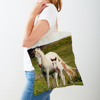 Τσάντα αγορών καμβά Horse Lady Τσάντα αγορών με εκτύπωση και στις δύο όψεις Επαναχρησιμοποιήσιμη μόδα για άγρια ζώα για γυναικείες τσάντες
