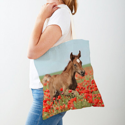 Τσάντα αγορών καμβά Horse Lady Τσάντα αγορών με εκτύπωση και στις δύο όψεις Επαναχρησιμοποιήσιμη μόδα για άγρια ζώα για γυναικείες τσάντες