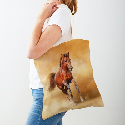 Τσάντα αγορών καμβά Horse Lady Τσάντα αγορών με εκτύπωση και στις δύο όψεις Επαναχρησιμοποιήσιμη μόδα για άγρια ζώα για γυναικείες τσάντες