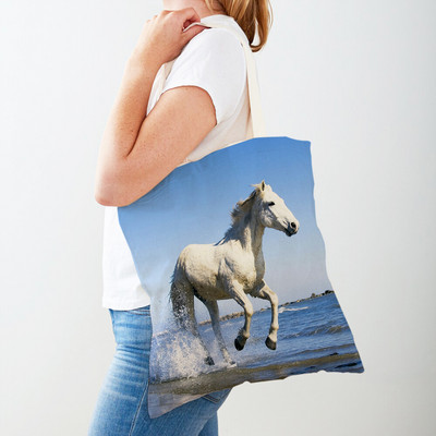 Τσάντα αγορών καμβά Horse Lady Τσάντα αγορών με εκτύπωση και στις δύο όψεις Επαναχρησιμοποιήσιμη μόδα για άγρια ζώα για γυναικείες τσάντες