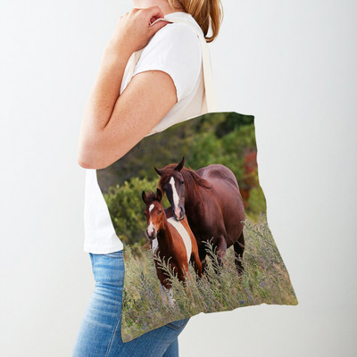 Τσάντα αγορών καμβά Horse Lady Τσάντα αγορών με εκτύπωση και στις δύο όψεις Επαναχρησιμοποιήσιμη μόδα για άγρια ζώα για γυναικείες τσάντες