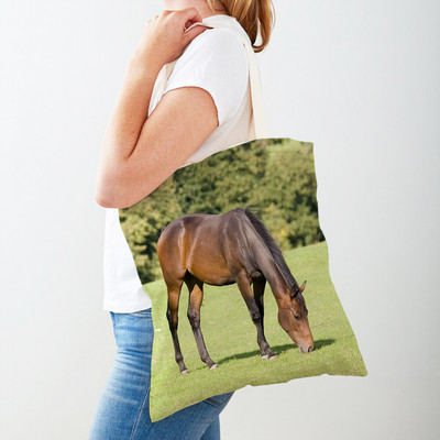 Τσάντα αγορών καμβά Horse Lady Τσάντα αγορών με εκτύπωση και στις δύο όψεις Επαναχρησιμοποιήσιμη μόδα για άγρια ζώα για γυναικείες τσάντες