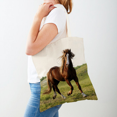 Τσάντα αγορών καμβά Horse Lady Τσάντα αγορών με εκτύπωση και στις δύο όψεις Επαναχρησιμοποιήσιμη μόδα για άγρια ζώα για γυναικείες τσάντες