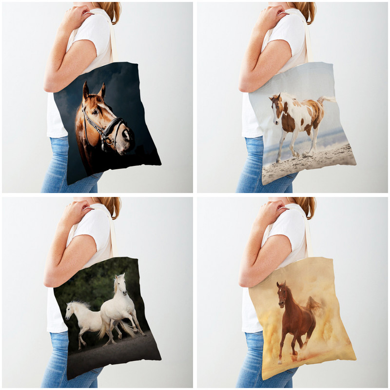 Платнена конна дамска пазарска чанта с двустранен печат Модна дамска чанта за многократна употреба с диви животни за дамски пазарски чанти