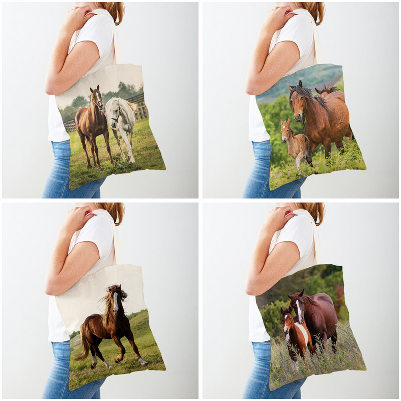 Платнена конна дамска пазарска чанта с двустранен печат Модна дамска чанта за многократна употреба с диви животни за дамски пазарски чанти