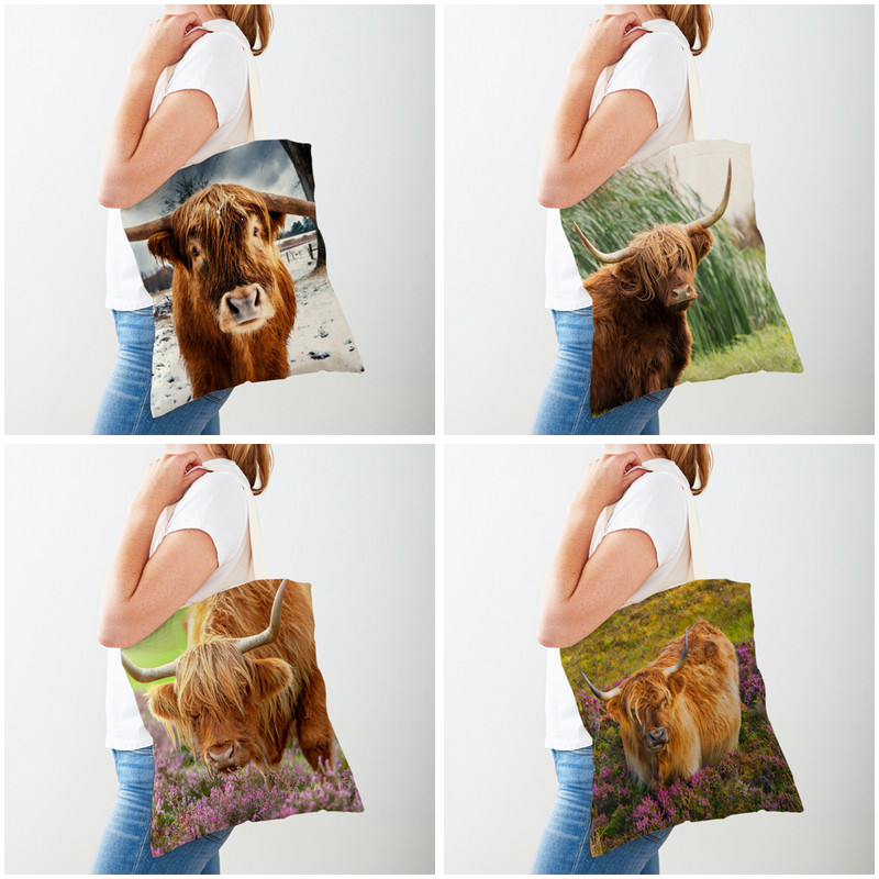 Забавни шотландски чанти Kyloe Shopper Bags Дамска чанта с двустранен принт за многократна употреба Платнена чанта за пазаруване през рамо с диви животни и крава