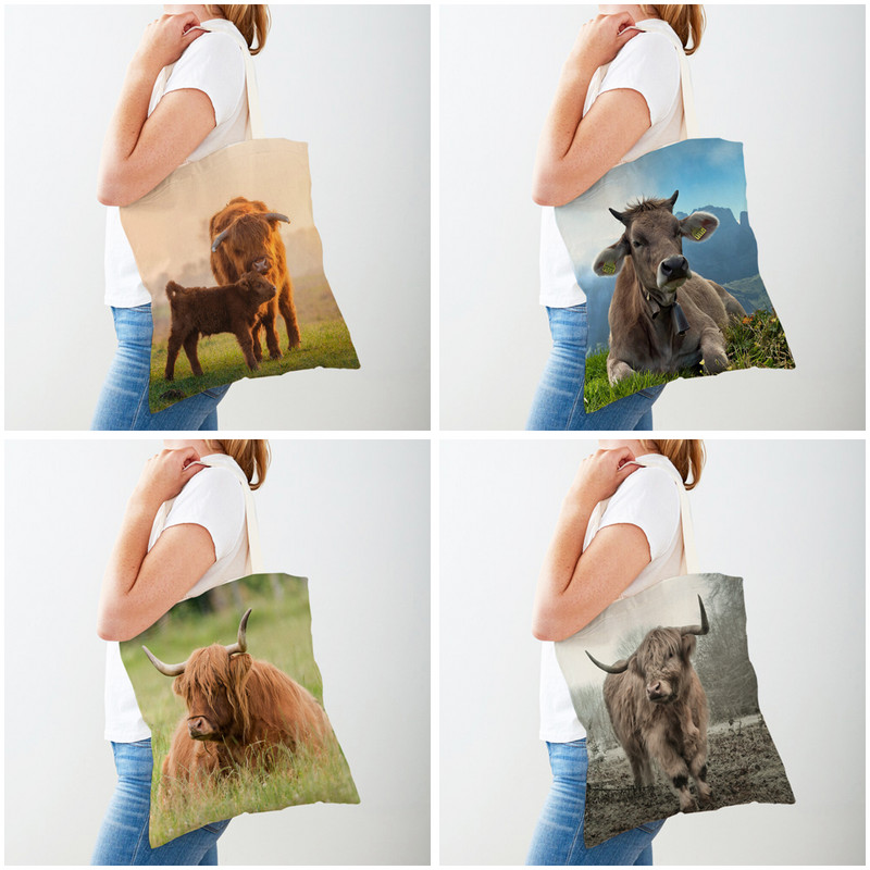 Забавни шотландски чанти Kyloe Shopper Bags Дамска чанта с двустранен принт за многократна употреба Платнена чанта за пазаруване през рамо с диви животни и крава