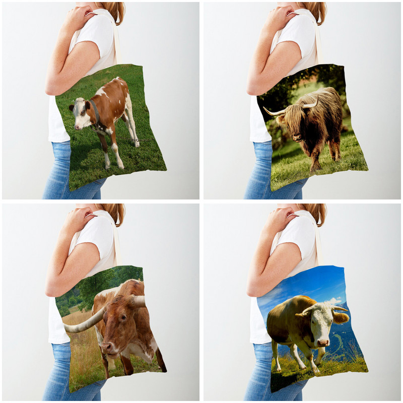 Забавни шотландски чанти Kyloe Shopper Bags Дамска чанта с двустранен принт за многократна употреба Платнена чанта за пазаруване през рамо с диви животни и крава