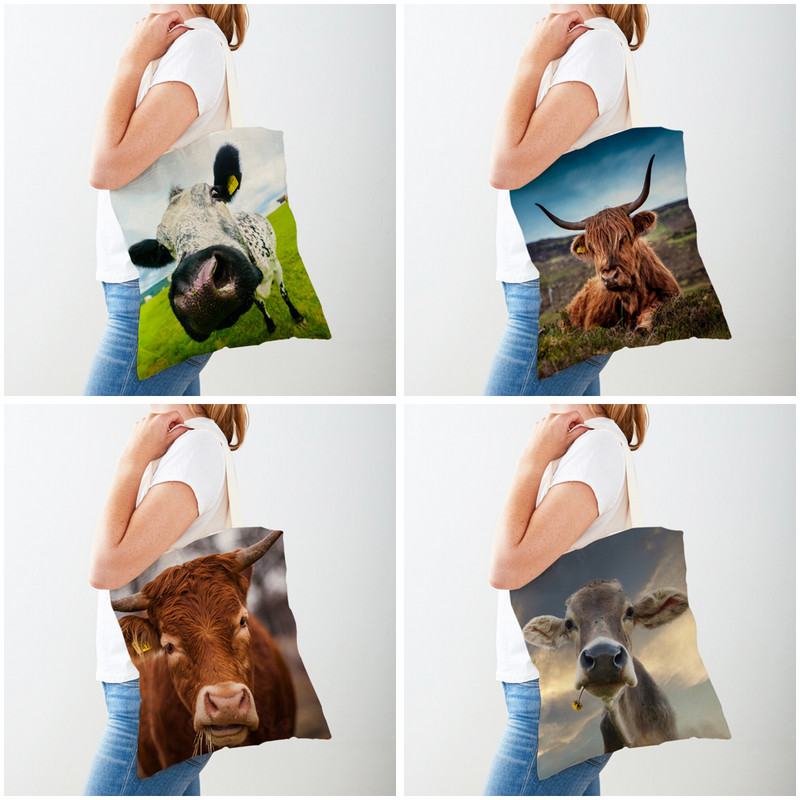 Забавни шотландски чанти Kyloe Shopper Bags Дамска чанта с двустранен принт за многократна употреба Платнена чанта за пазаруване през рамо с диви животни и крава