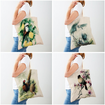 Cartoon Animal Print Casual Τσάντα αγορών Κινεζική μελάνη Bird Γυναικείες τσάντες αγορών και στις δύο όψεις Lady Canvas Tote τσάντα επαναχρησιμοποιήσιμη