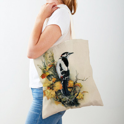 Cartoon Animal Print Casual Τσάντα αγορών Κινεζική μελάνη Bird Γυναικείες τσάντες αγορών και στις δύο όψεις Lady Canvas Tote τσάντα επαναχρησιμοποιήσιμη