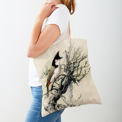 Cartoon Animal Print Casual Τσάντα αγορών Κινεζική μελάνη Bird Γυναικείες τσάντες αγορών και στις δύο όψεις Lady Canvas Tote τσάντα επαναχρησιμοποιήσιμη