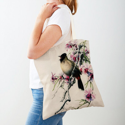 Cartoon Animal Print Casual Τσάντα αγορών Κινεζική μελάνη Bird Γυναικείες τσάντες αγορών και στις δύο όψεις Lady Canvas Tote τσάντα επαναχρησιμοποιήσιμη