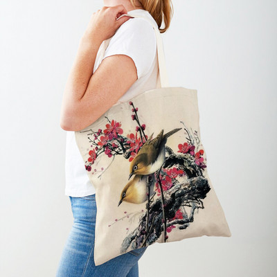 Cartoon Animal Print Casual Τσάντα αγορών Κινεζική μελάνη Bird Γυναικείες τσάντες αγορών και στις δύο όψεις Lady Canvas Tote τσάντα επαναχρησιμοποιήσιμη