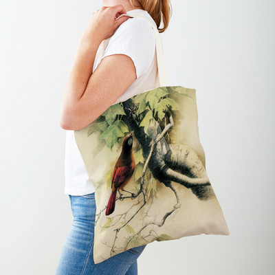Cartoon Animal Print Casual Τσάντα αγορών Κινεζική μελάνη Bird Γυναικείες τσάντες αγορών και στις δύο όψεις Lady Canvas Tote τσάντα επαναχρησιμοποιήσιμη