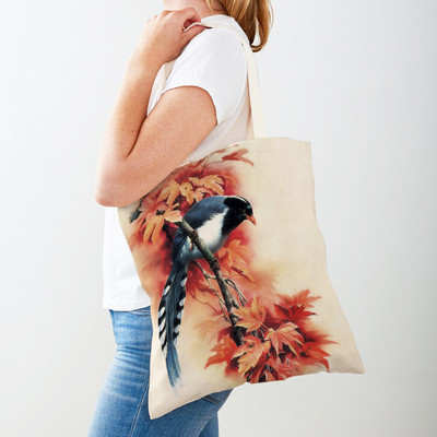 Cartoon Animal Print Casual Τσάντα αγορών Κινεζική μελάνη Bird Γυναικείες τσάντες αγορών και στις δύο όψεις Lady Canvas Tote τσάντα επαναχρησιμοποιήσιμη