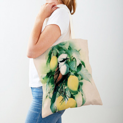 Cartoon Animal Print Casual Τσάντα αγορών Κινεζική μελάνη Bird Γυναικείες τσάντες αγορών και στις δύο όψεις Lady Canvas Tote τσάντα επαναχρησιμοποιήσιμη
