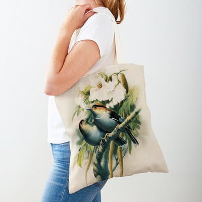 Cartoon Animal Print Casual Τσάντα αγορών Κινεζική μελάνη Bird Γυναικείες τσάντες αγορών και στις δύο όψεις Lady Canvas Tote τσάντα επαναχρησιμοποιήσιμη