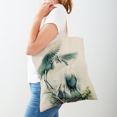 Cartoon Animal Print Casual Τσάντα αγορών Κινεζική μελάνη Bird Γυναικείες τσάντες αγορών και στις δύο όψεις Lady Canvas Tote τσάντα επαναχρησιμοποιήσιμη