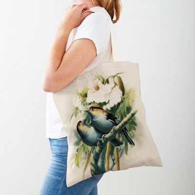 Cartoon Animal Print Casual Τσάντα αγορών Κινεζική μελάνη Bird Γυναικείες τσάντες αγορών και στις δύο όψεις Lady Canvas Tote τσάντα επαναχρησιμοποιήσιμη