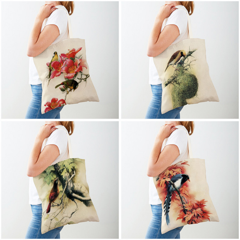 Ежедневна пазарска чанта с анимационен животински принт Китайска мастилена птица Дамски чанти за пазаруване Двустранна дамска платнена чанта за многократна употреба