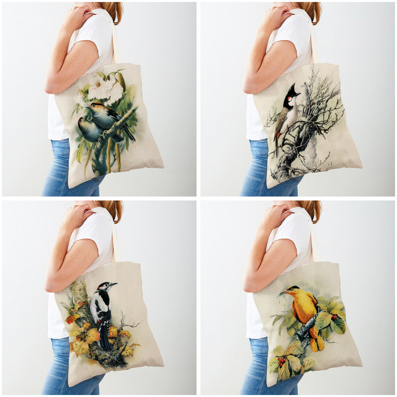 Ежедневна пазарска чанта с анимационен животински принт Китайска мастилена птица Дамски чанти за пазаруване Двустранна дамска платнена чанта за многократна употреба