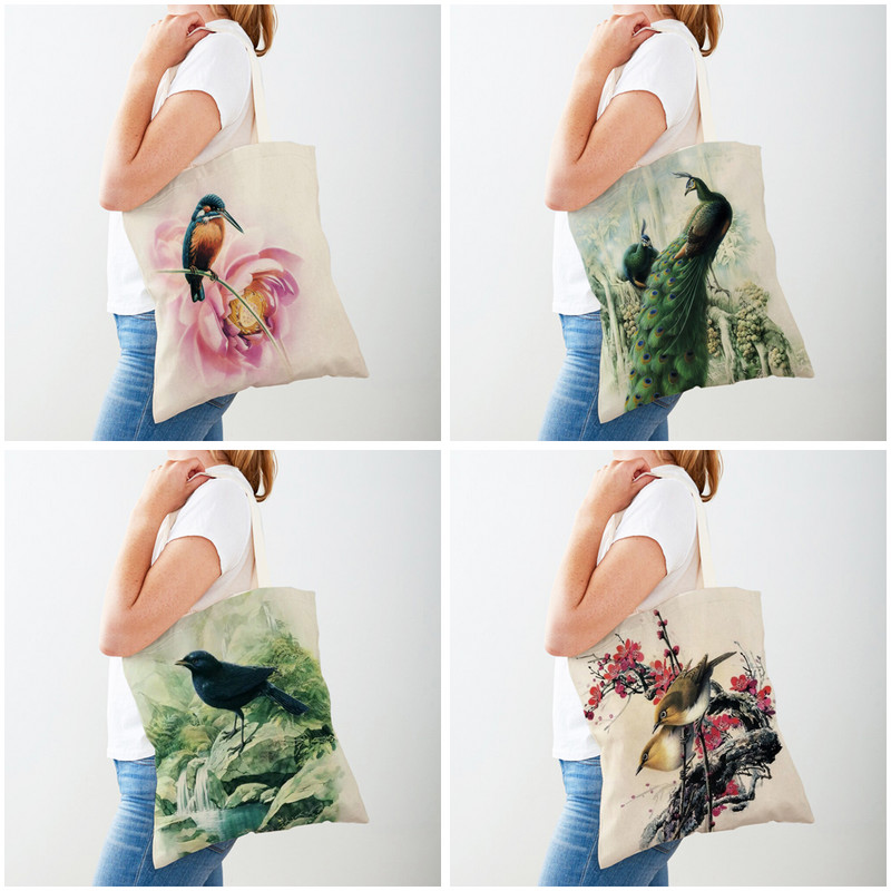 Ежедневна пазарска чанта с анимационен животински принт Китайска мастилена птица Дамски чанти за пазаруване Двустранна дамска платнена чанта за многократна употреба