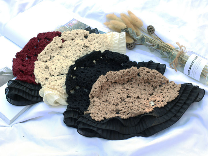 Дамска дантелена плетена рибарска шапка с куха кофа с плетена шапка с дантелено цвете и сладка сладка романтична шапка за слънце