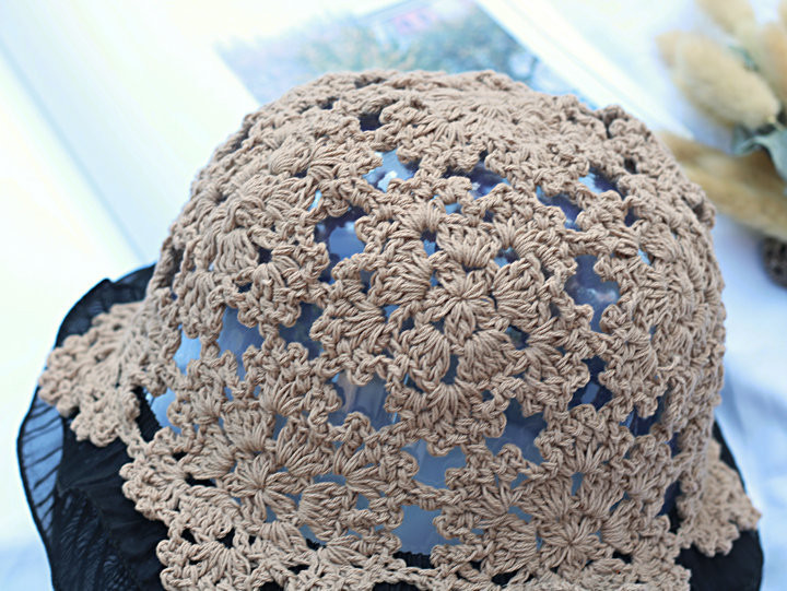 Дамска дантелена плетена рибарска шапка с куха кофа с плетена шапка с дантелено цвете и сладка сладка романтична шапка за слънце