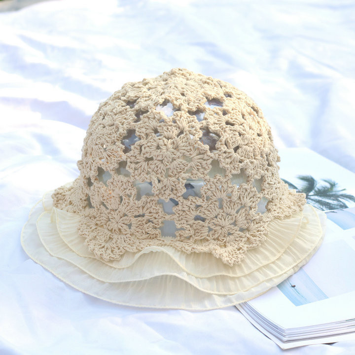 Дамска дантелена плетена рибарска шапка с куха кофа с плетена шапка с дантелено цвете и сладка сладка романтична шапка за слънце