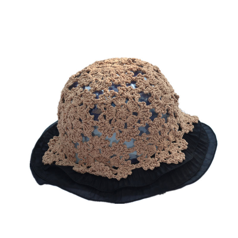 Дамска дантелена плетена рибарска шапка с куха кофа с плетена шапка с дантелено цвете и сладка сладка романтична шапка за слънце