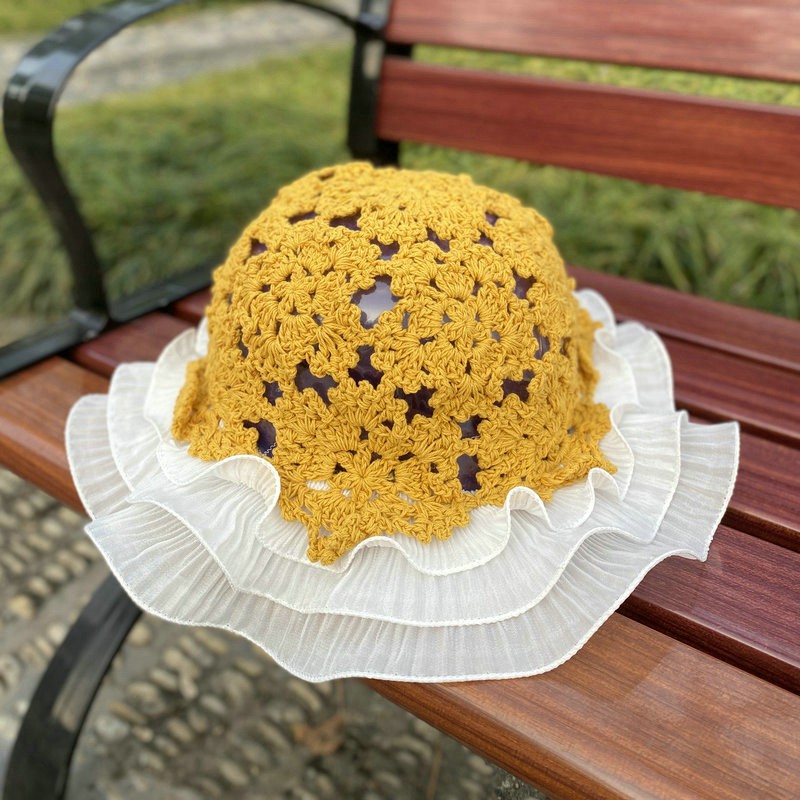 Дамска дантелена плетена рибарска шапка с куха кофа с плетена шапка с дантелено цвете и сладка сладка романтична шапка за слънце