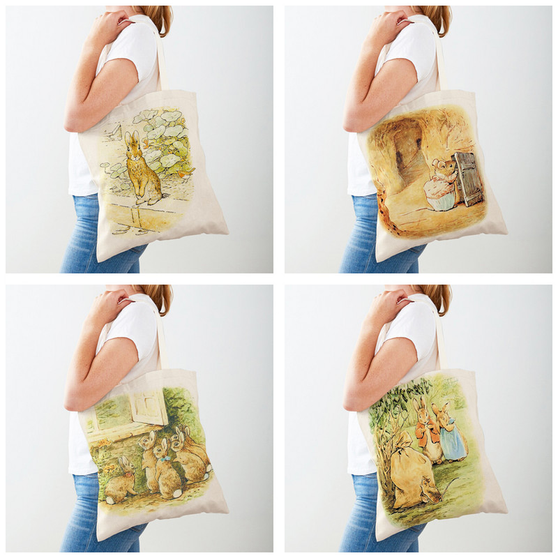 Детска ръчна чанта с анимационен заек с принт Многократна чанта сладко зайче Двустранна дамска платнена пазарска чанта за през рамо
