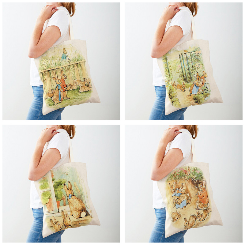 Детска ръчна чанта с анимационен заек с принт Многократна чанта сладко зайче Двустранна дамска платнена пазарска чанта за през рамо